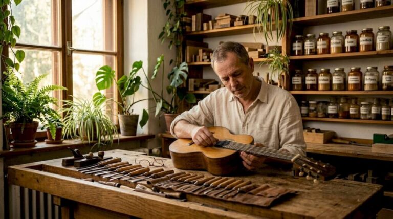 Ein erfahrener Handwerksmeister begutachtet eine alte Gitarre in seiner Werkstatt.