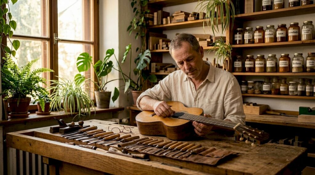 Ein erfahrener Handwerksmeister begutachtet eine alte Gitarre in seiner Werkstatt.