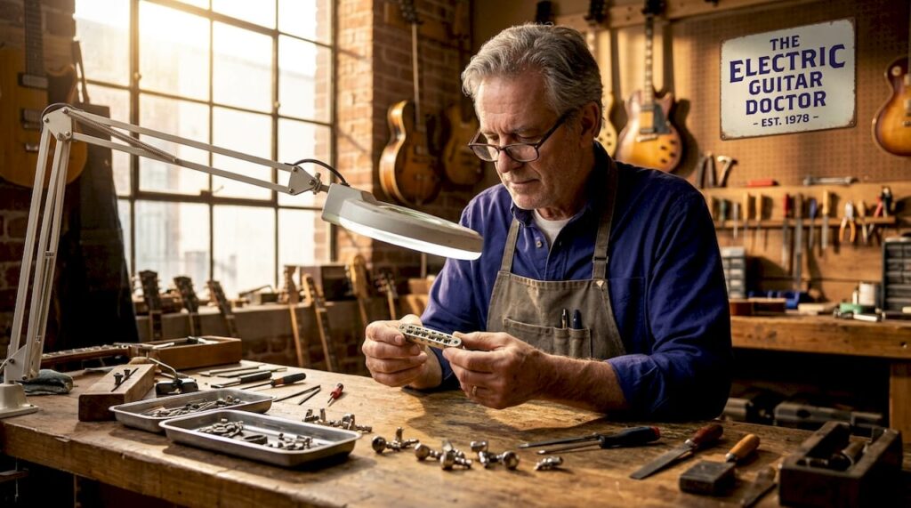 Technician inspecting vintage guitar hardware