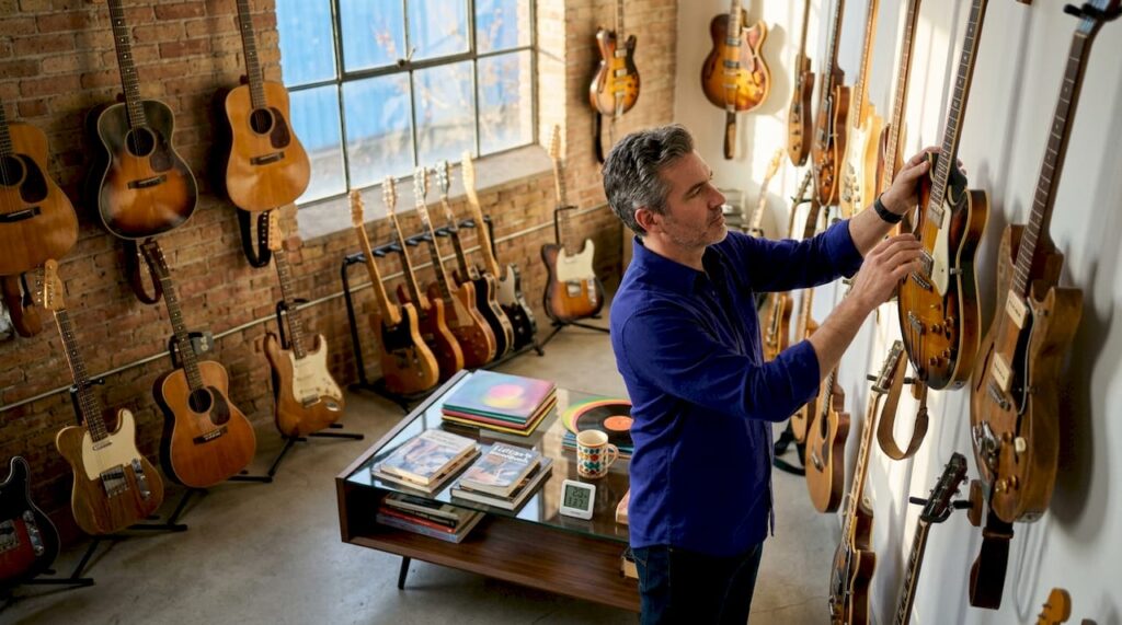 Collector arranging guitars in home display studio