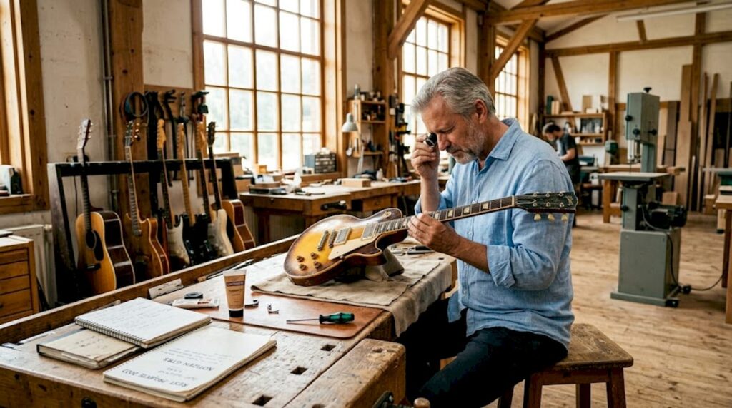 Ein Fachmann nimmt eine seltene Vintage-Gitarre in seiner Werkstatt genau unter die Lupe.