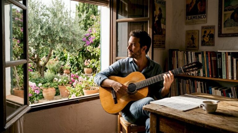 Im Wohnzimmer erklingen spanische Gitarrenklänge, gespielt von einem Gitarristen.