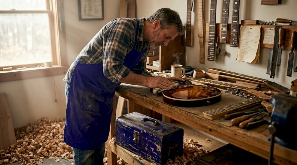Luthier polishing limited edition guitar in workshop