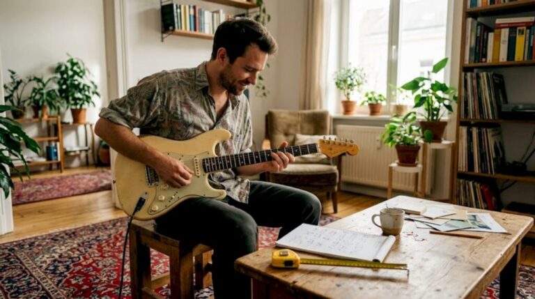 Ein Gitarrist nimmt seine E-Gitarre genau unter die Lupe und hält wichtige Details schriftlich fest.