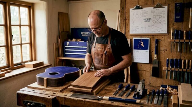 Luthier inspecting wood in workshop for guitar building
