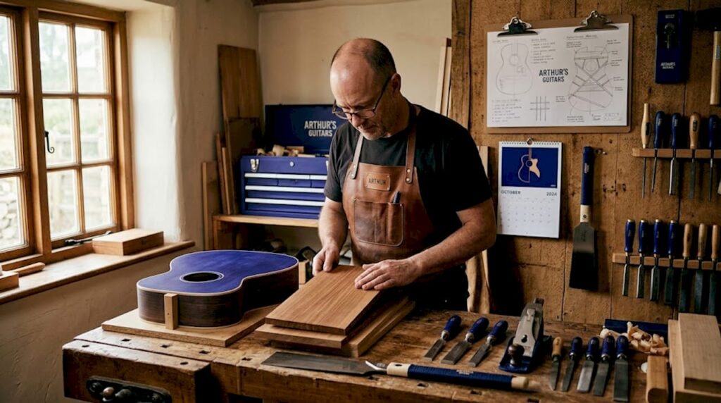 Luthier inspecting wood in workshop for guitar building