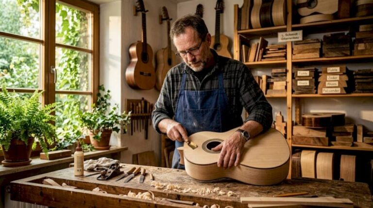 Ein Gitarrenbauer prüft sorgfältig die Decke einer klassischen Gitarre.