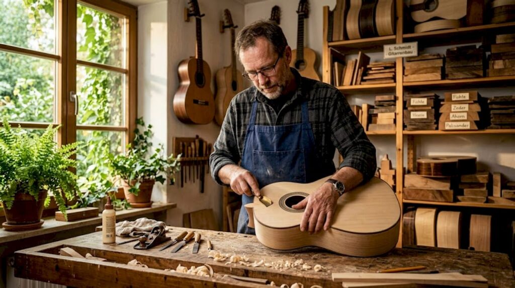Ein Gitarrenbauer prüft sorgfältig die Decke einer klassischen Gitarre.