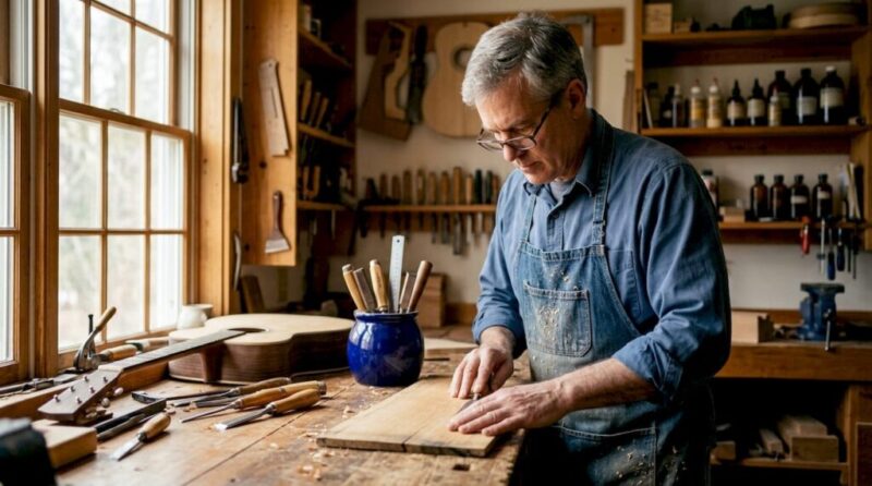 Luthier inspecting tonewood at workbench