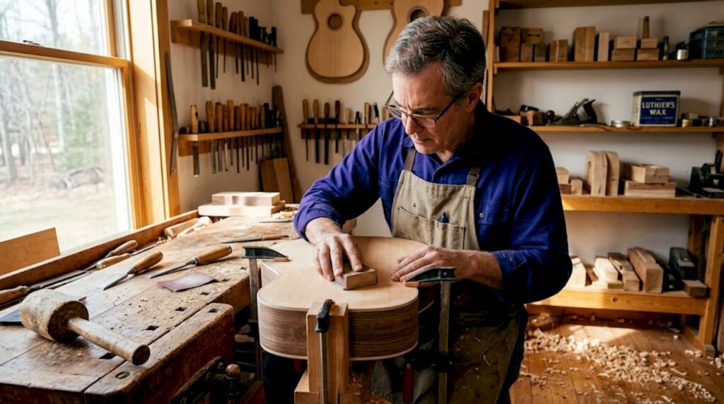 Luthier handcrafts acoustic guitar in workshop