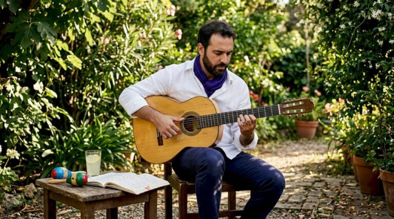 Flamenco guitarist performing golpe tap