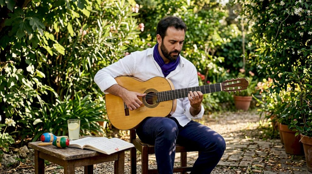 Flamenco guitarist performing golpe tap