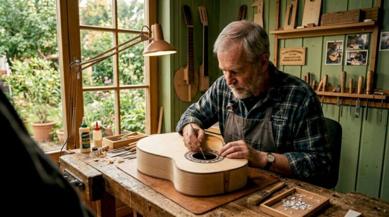 Ein Gitarrenbauer arbeitet mit viel Fingerspitzengefühl an den feinen Einlegearbeiten seiner Gitarre.