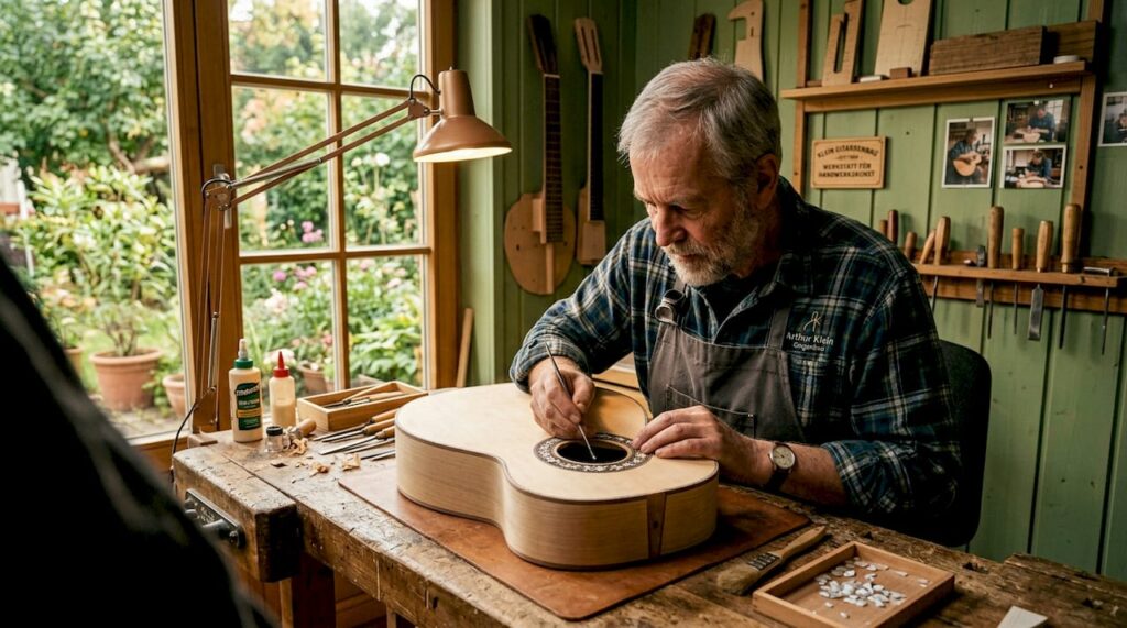 Ein Gitarrenbauer arbeitet mit viel Fingerspitzengefühl an den feinen Einlegearbeiten seiner Gitarre.