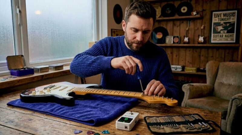 Player adjusting electric guitar at home table