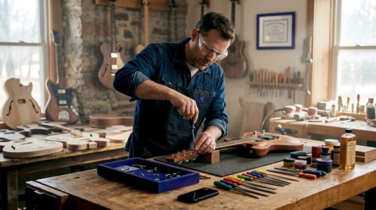 Luthier assembling custom shop guitar in workshop