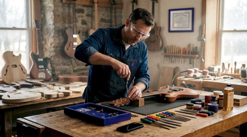 Luthier assembling custom shop guitar in workshop
