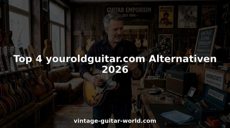 Ein Mann stöbert in einem Gitarrenladen und begutachtet alte Vintage-Modelle.