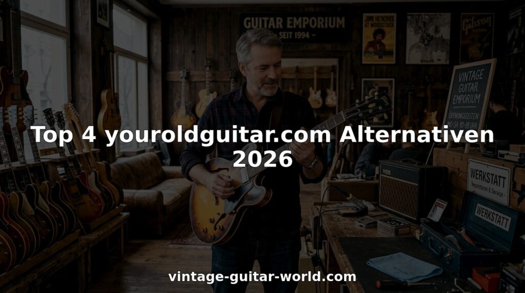 Ein Mann stöbert in einem Gitarrenladen und begutachtet alte Vintage-Modelle.