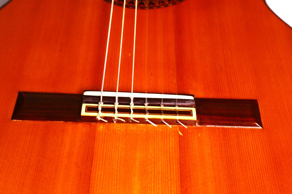Nahaufnahme des Stegs und der Saiten der Jose Ramirez 1a 1959 PB Klassische Gitarre. Hervorzuheben sind die Holzmaserung am Korpus und die verankerten Saiten am Steg. Nahaufnahme des Stegs und der Saiten der Jose Ramirez 1a 1959 PB Klassische Gitarre. Hervorzuheben sind die Holzmaserung am Korpus und die verankerten Saiten am Steg.