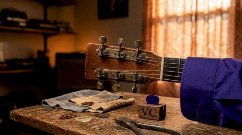 Close-up of vintage guitar tuners on headstock