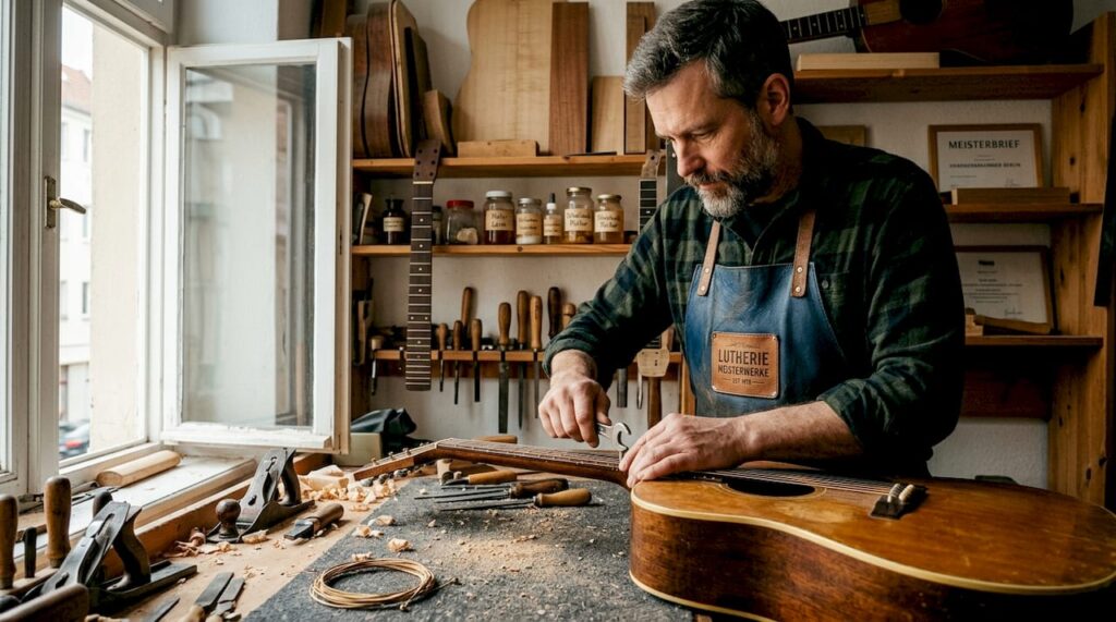Ein Fachmann bringt den Hals einer alten Gitarre wieder in Form.