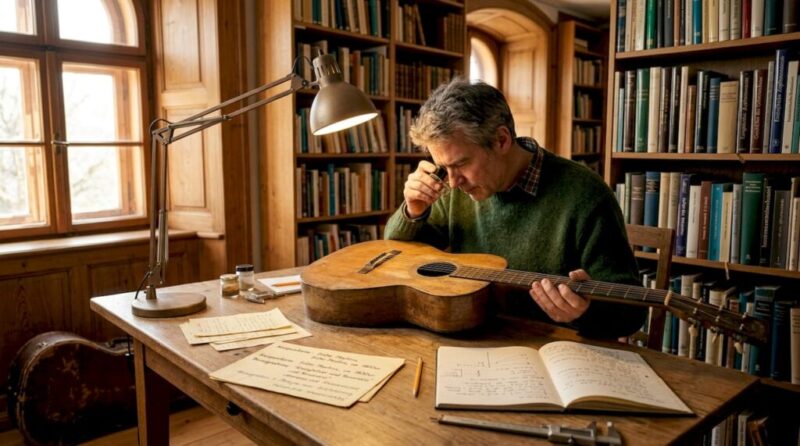Ein Wissenschaftler untersucht in seinem Arbeitszimmer eine alte Gitarre ganz genau.
