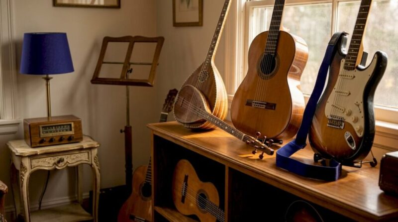 Shelf with vintage guitars representing history