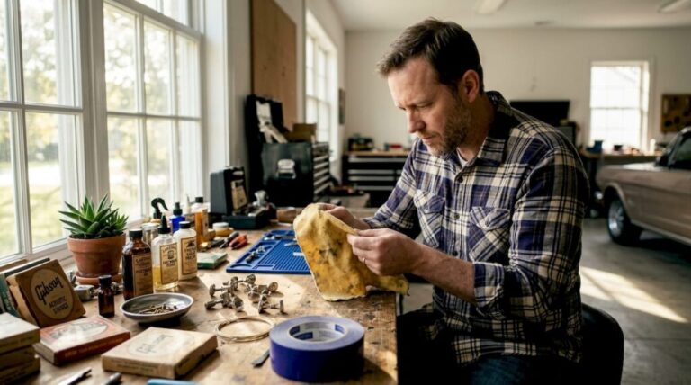 Man examining vintage guitar accessory at workshop desk