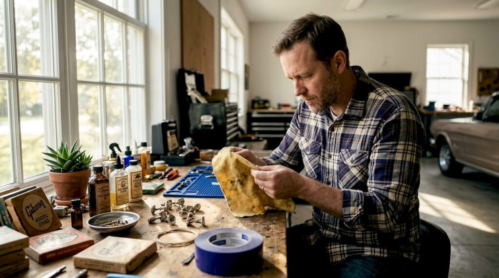 Man examining vintage guitar accessory at workshop desk