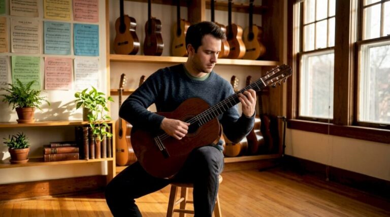 Ein Gitarrist probiert im Musikgeschäft eine klassische Gitarre aus.