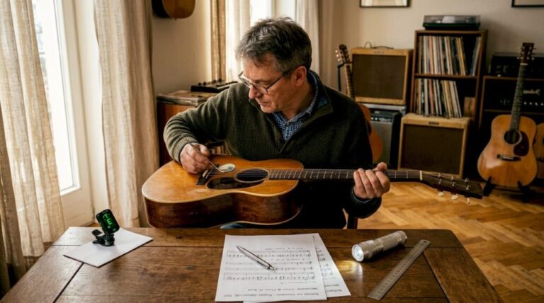 Fachmann nimmt Akustikgitarre unter die Lupe
