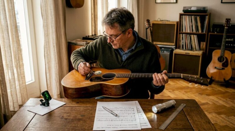 Fachmann nimmt Akustikgitarre unter die Lupe