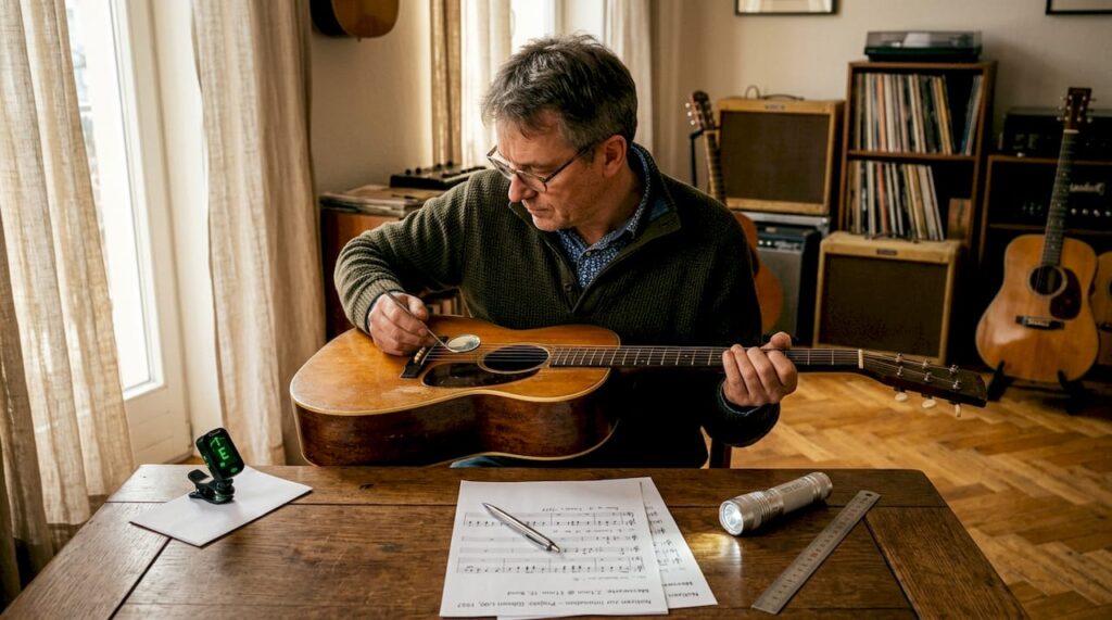 Fachmann nimmt Akustikgitarre unter die Lupe