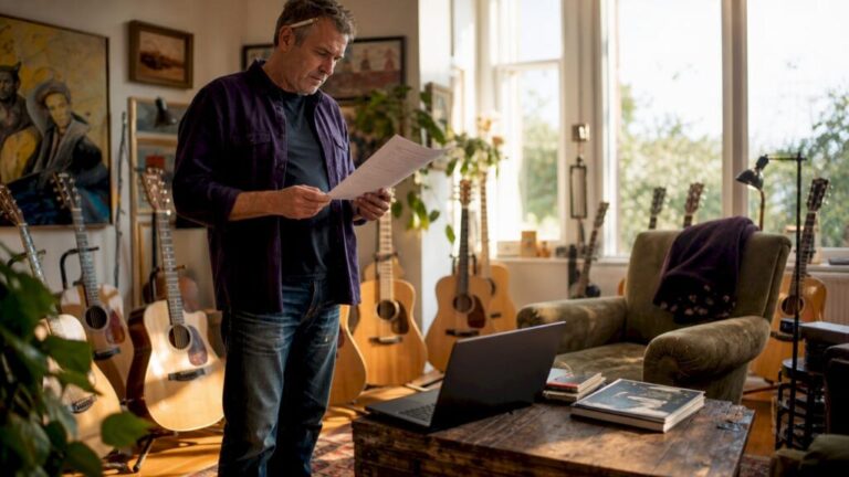 Man reviewing vintage guitar valuation documents