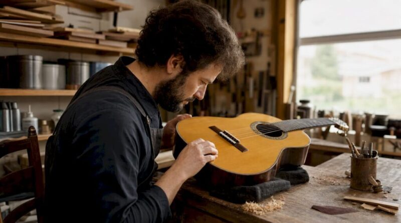 Detailaufnahme des Stegs einer Flamenco-Gitarre auf einer Werkbank