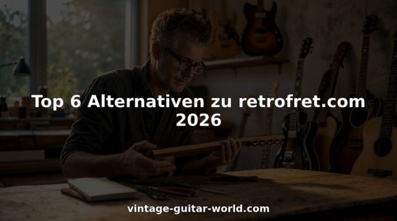 In einer Werkstatt begutachtet ein Mann aufmerksam den Hals einer alten Gitarre.