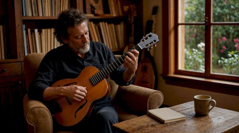 Ein Gitarrist spielt auf seiner Archtop-Gitarre in seinem Atelier.