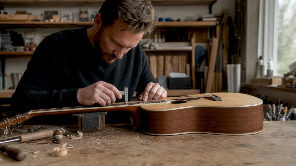 Ein Techniker überprüft die Saitenlage einer Gitarre direkt am Griffbrett.
