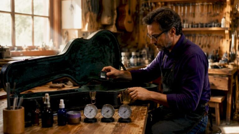 Man measuring guitar humidity in music room