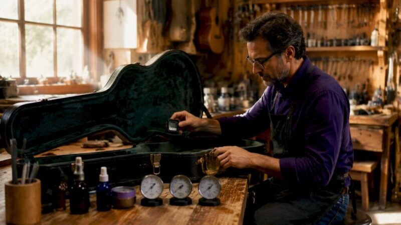 Man measuring guitar humidity in music room