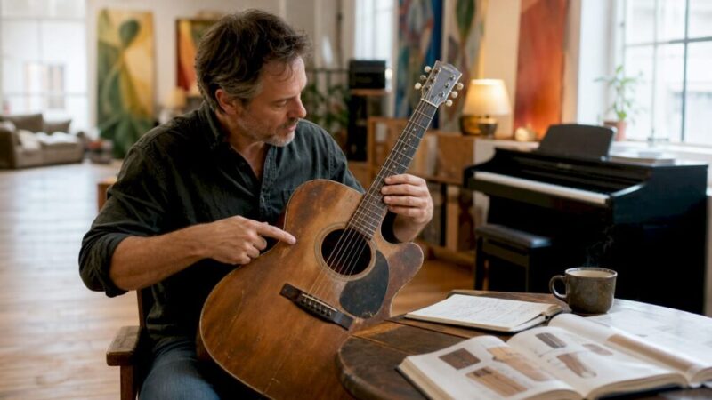 Ein Gitarrist zeigt direkt am Instrument, wie eine Gitarre aufgebaut ist und erklärt die einzelnen Komponenten anschaulich.