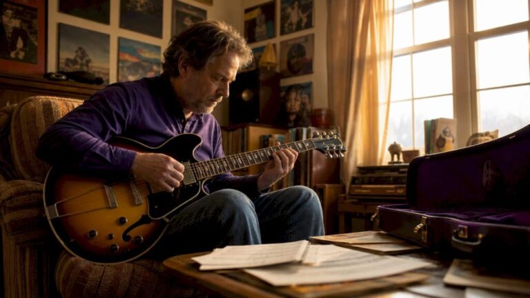 Guitarist playing vintage guitar with focused technique