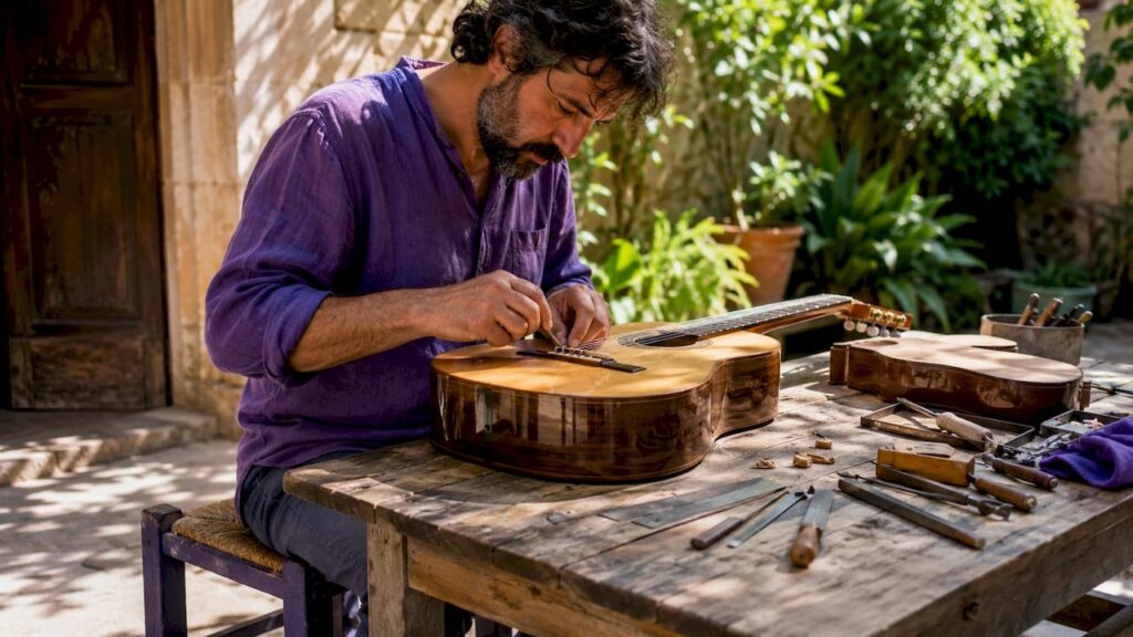 Guitarist adjusting flamenco guitar string height