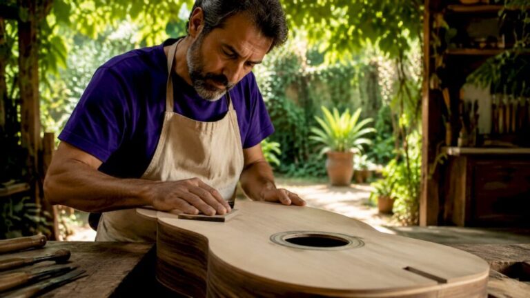 Luthier crafting Spanish guitar soundboard