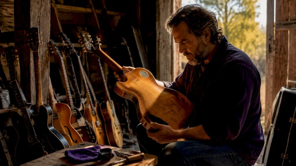 Collector inspecting vintage guitar with cracked finish