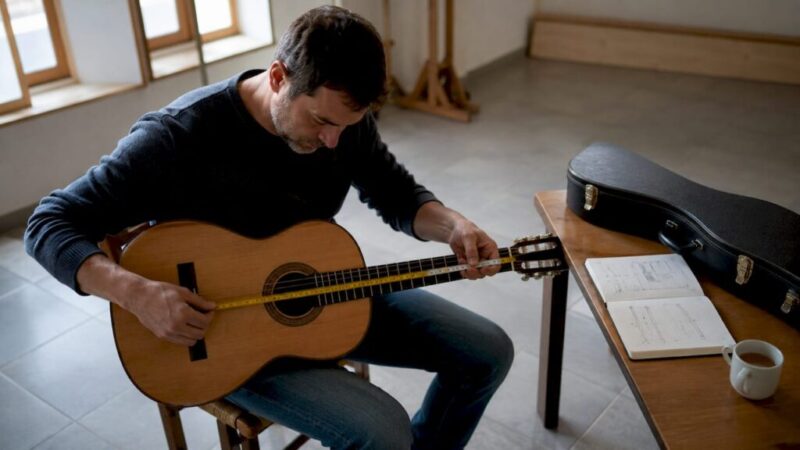 Ein Mann misst die Mensur einer klassischen Gitarre aus.
