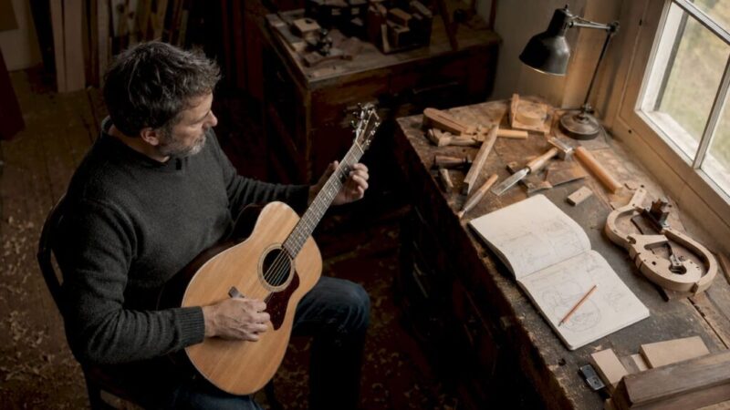 Ein Gitarrist erkundet im Atelier den Klang seiner akustischen Gitarre.