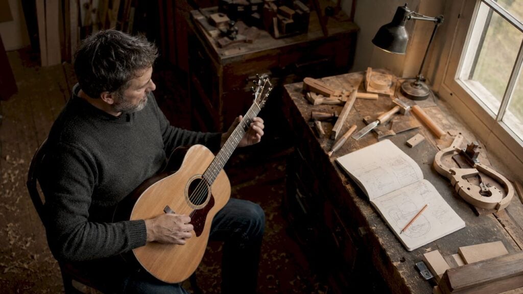 Ein Gitarrist erkundet im Atelier den Klang seiner akustischen Gitarre.