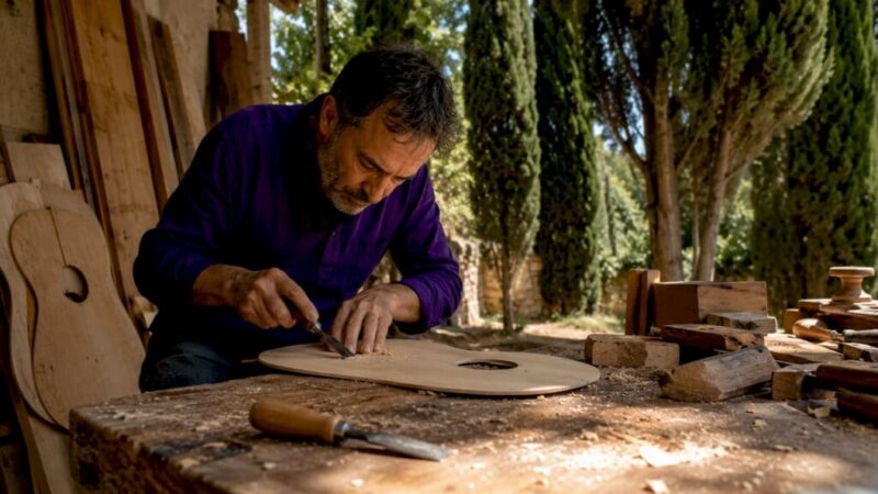 Luthier crafting flamenco guitar top in workshop